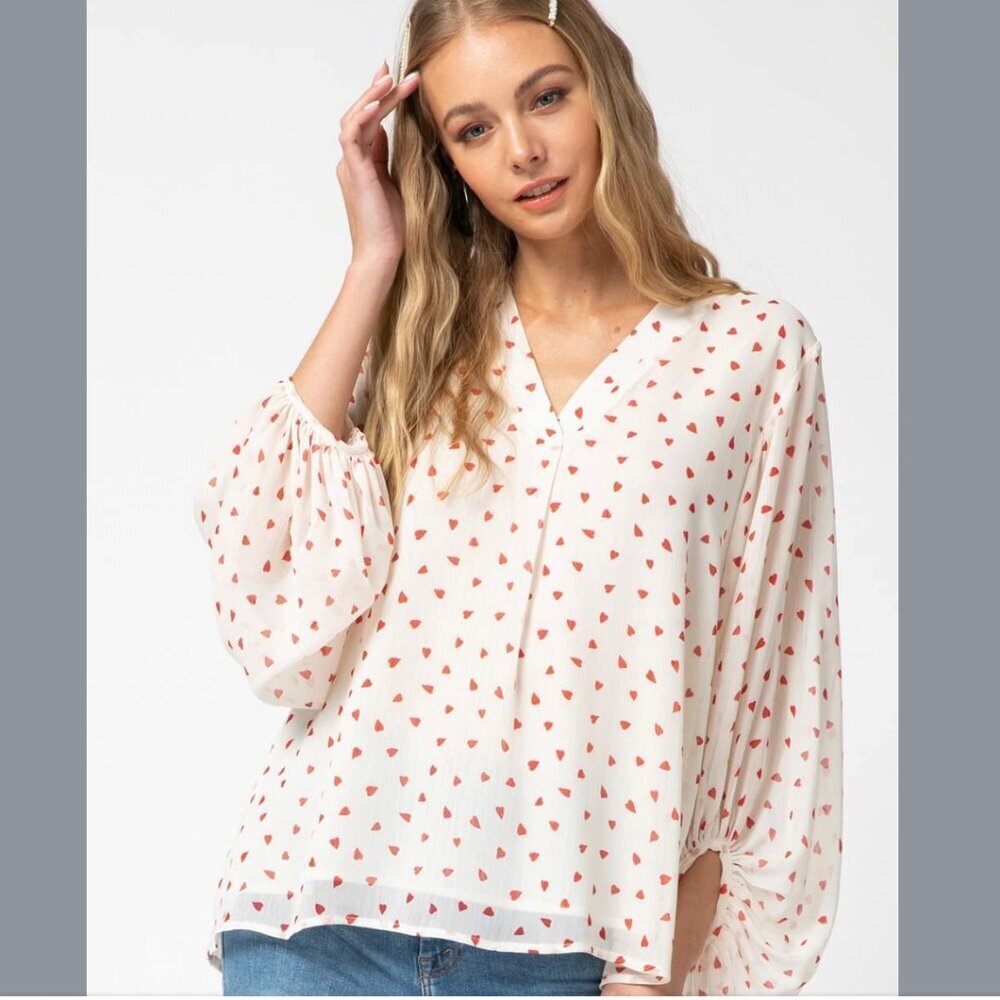 ENTRO Chiffon Heart Print Lantern Balloon Sleeve Bohemian Top Blouse Size Medium